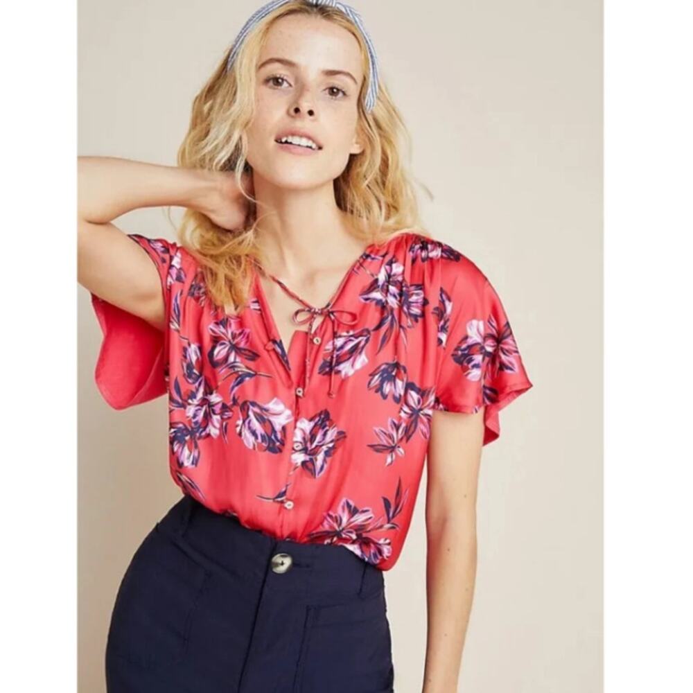 NWT Anthropologie Dolan Keilani Flutter Sleeve‎ Soft Mix Knit Blouse Red S $78